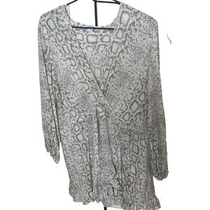Blue Island Gray and White Long-Sleeve Snake-Print Wrap Dress Womens Size M